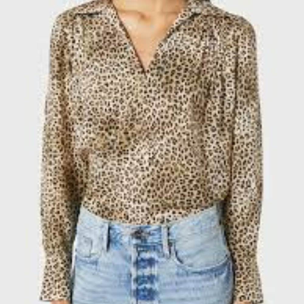 Frame Tabitha silk black brown long sleeve V neck popover pleated top size S/P